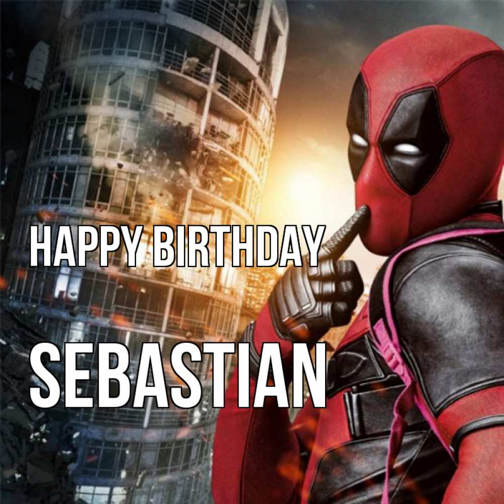 Greetings card с именем, Sebastian Happy Birthday с супергероями Greetings with text for free download 