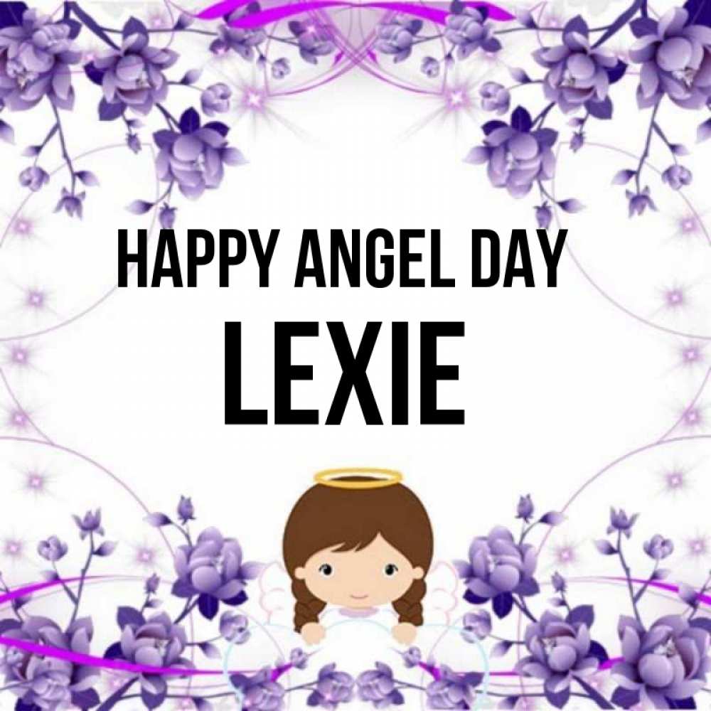 Greetings card с именем, Lexie happy angel day с именинами в рамочке Greetings with text for free download 