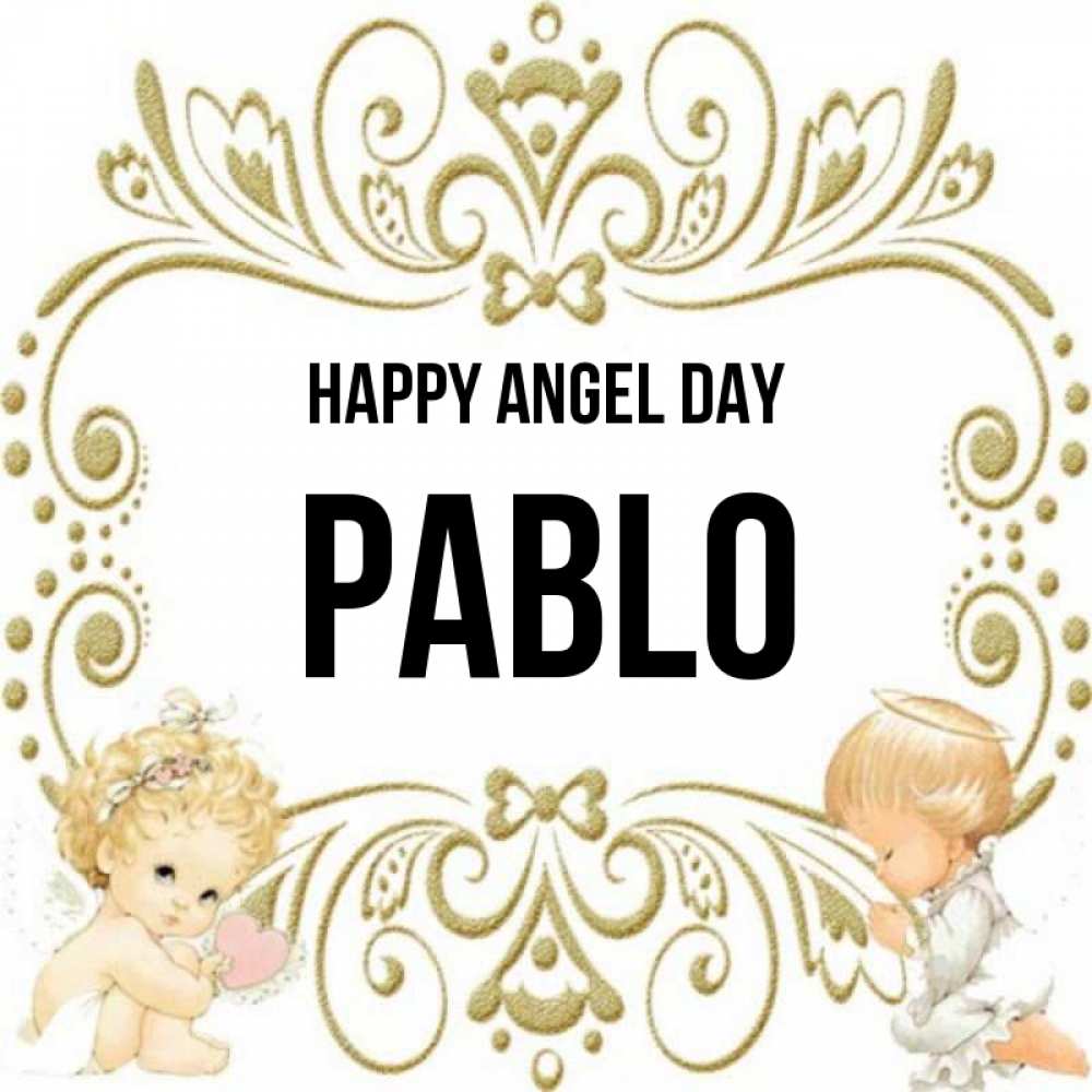 Greetings card с именем, Pablo happy angel day с именинами поздравляют два красивых ангела. Один с сердечком другой молится Greetings with text for free download 
