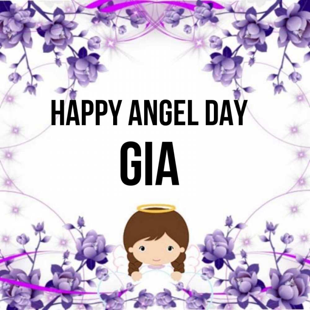 Greetings card с именем, Gia happy angel day с именинами в рамочке Greetings with text for free download 