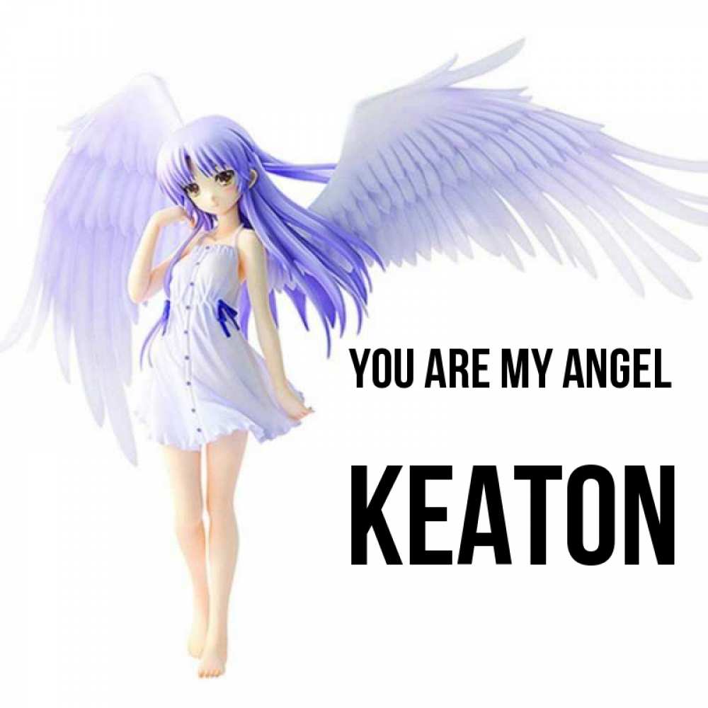 Greetings card с именем, Keaton You are my angel девушка ангел с фиолетовыми крыльями Greetings with text for free download 