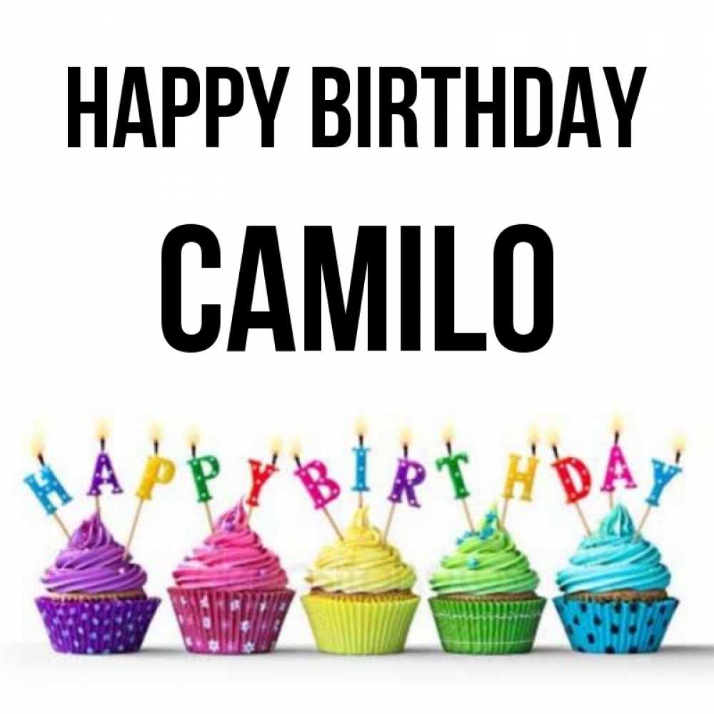 Greetings card с именем, Camilo Happy Birthday открытка ко дню рождения с разноцветными вкусняшками Greetings with text for free download 