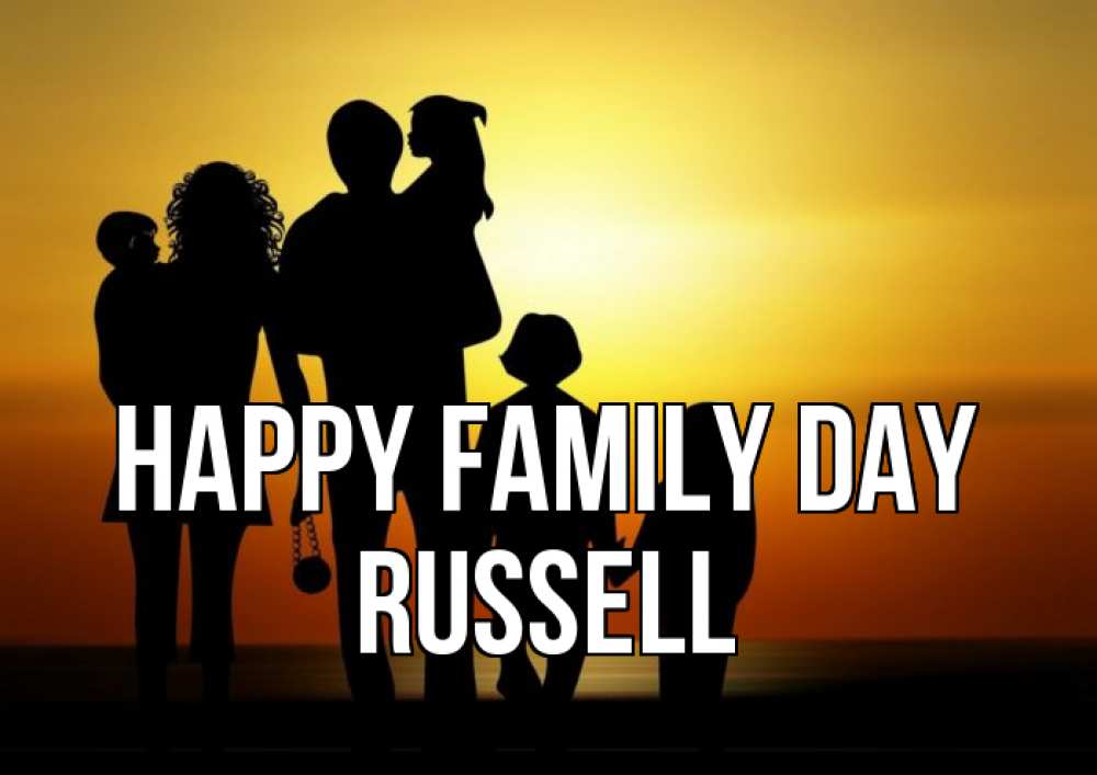 Greetings card с именем, Russell happy family day Семья, закат, мама, папа, дети Greetings with text for free download 