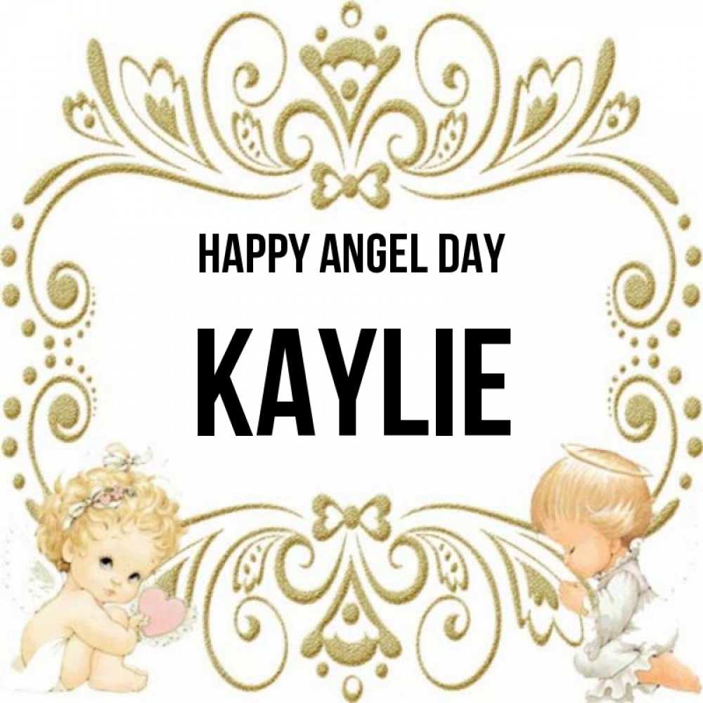 Greetings card с именем, Kaylie happy angel day с именинами поздравляют два красивых ангела. Один с сердечком другой молится Greetings with text for free download 