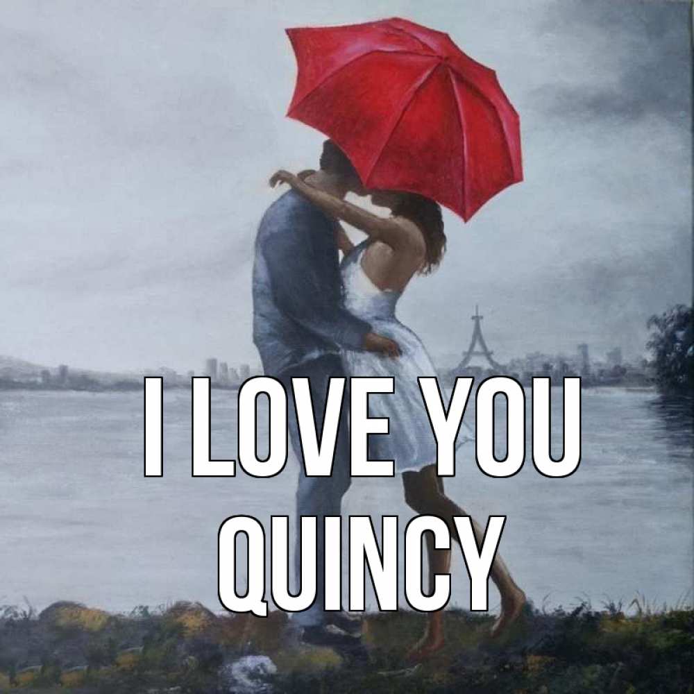 Greetings card с именем, Quincy I love you под красным зонтом Greetings with text for free download 