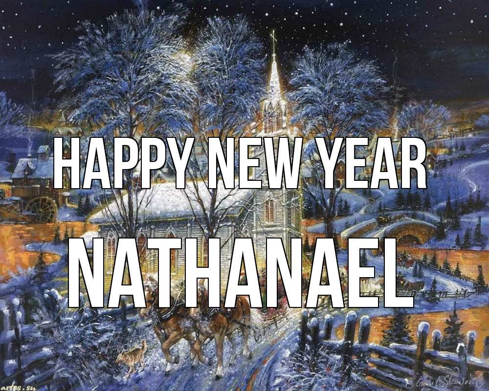 Greetings card с именем, Nathanael Happy New Year упряжка лошадей, лошади, новый год Greetings with text for free download 