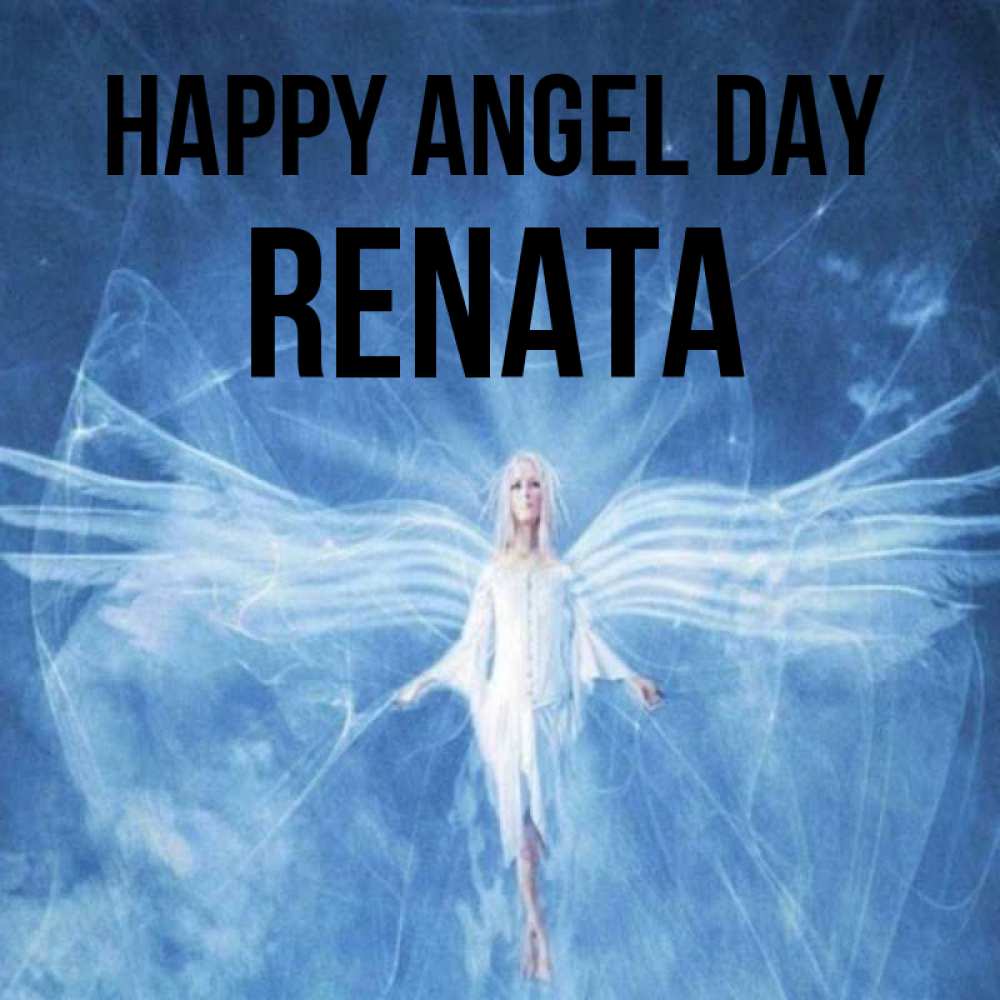 Greetings card с именем, Renata happy angel day голубой фон и крылья как у стрекозы Greetings with text for free download 
