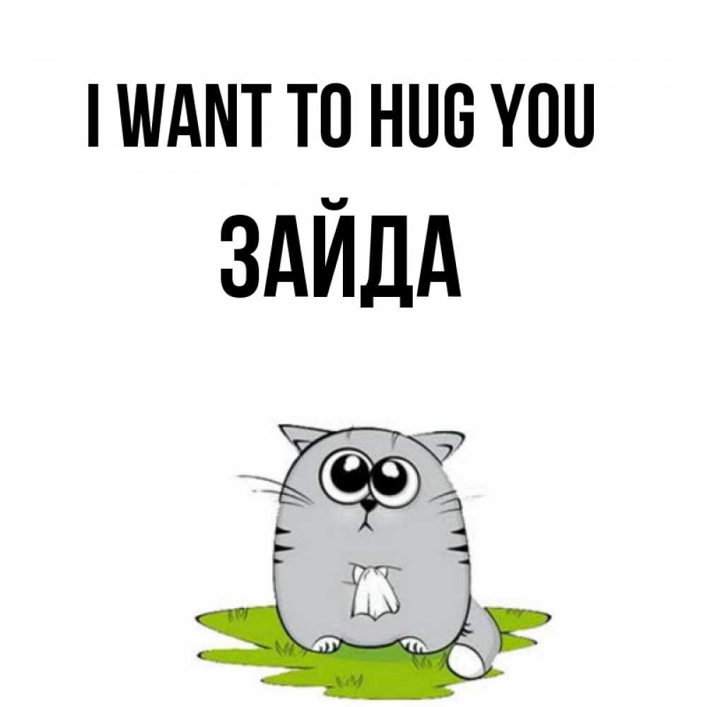 Greetings card с именем, ЗАЙДА I want to hug you котик теребит платочек сидя на травке Greetings with text for free download 