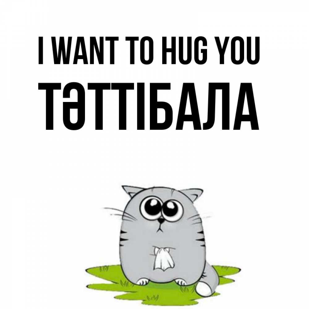 Greetings card с именем, ТӘТТІБАЛА I want to hug you котик теребит платочек сидя на травке Greetings with text for free download 
