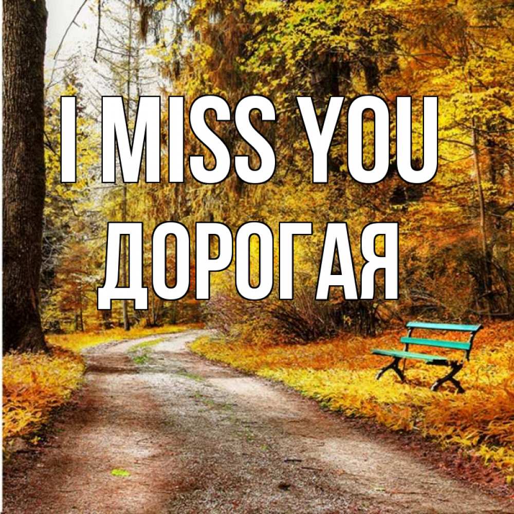 Greetings card с именем, Дорогая I miss you зеленая лавочка и осенний лес Greetings with text for free download 