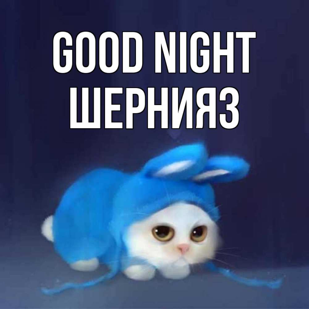 Greetings card с именем, ШЕРНИЯЗ Good night кот в голубом костюме кролика с ушками Greetings with text for free download 