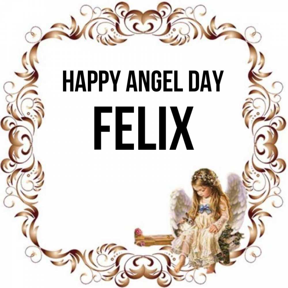 Greetings card с именем, Felix happy angel day рамочка из перьев и ангелочек Greetings with text for free download 