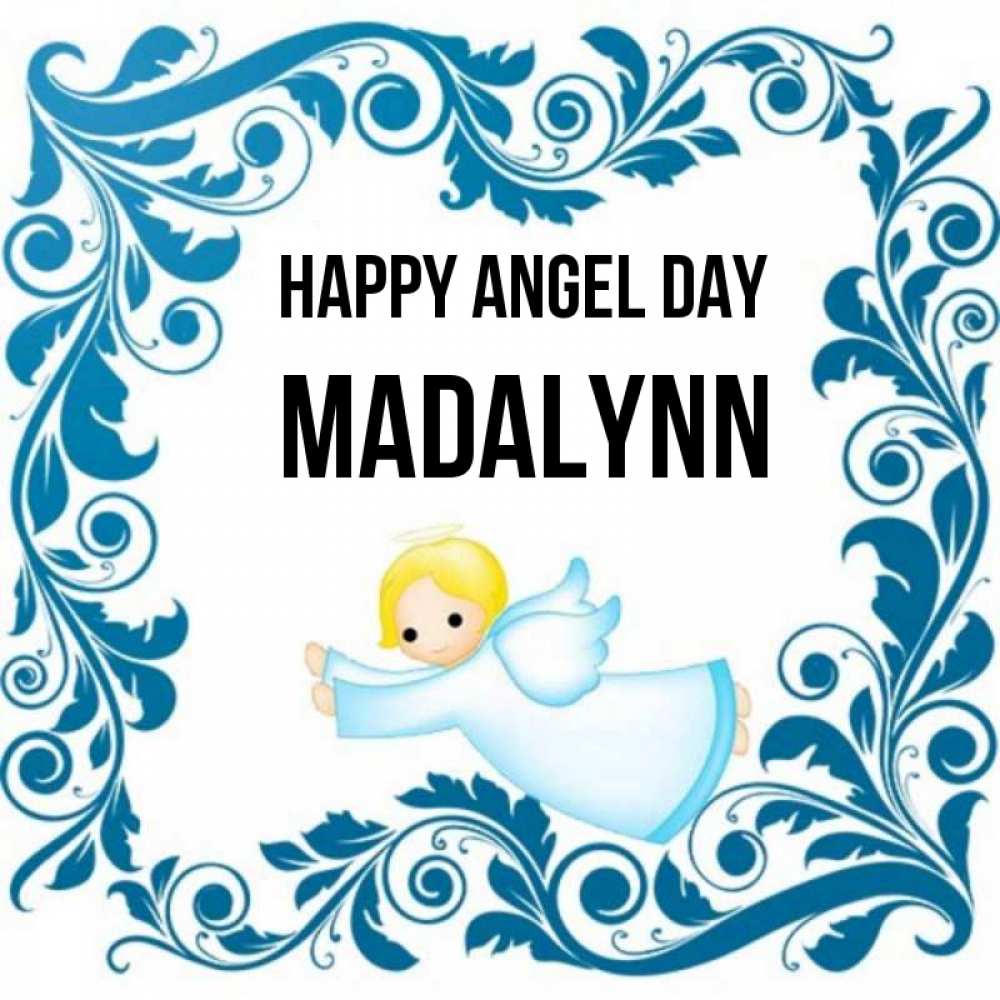 Greetings card с именем, Madalynn happy angel day девочка ангел и синяя рамка Greetings with text for free download 