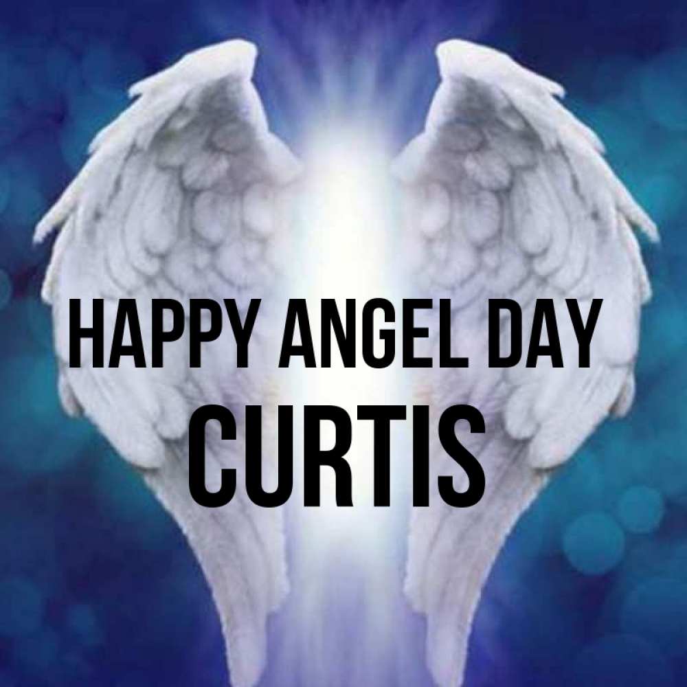 Greetings card с именем, Curtis happy angel day синий фон и крылышки Greetings with text for free download 