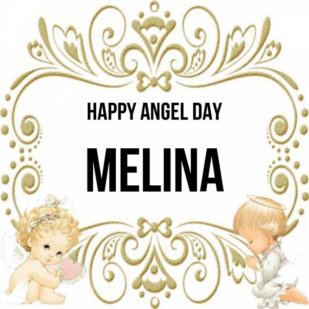 Greetings card с именем, Melina happy angel day с именинами поздравляют два красивых ангела. Один с сердечком другой молится Greetings with text for free download 