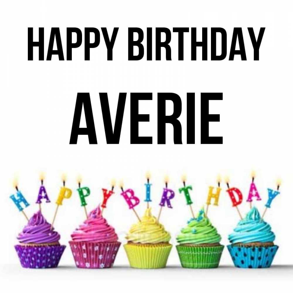 Greetings card с именем, Averie Happy Birthday открытка ко дню рождения с разноцветными вкусняшками Greetings with text for free download 
