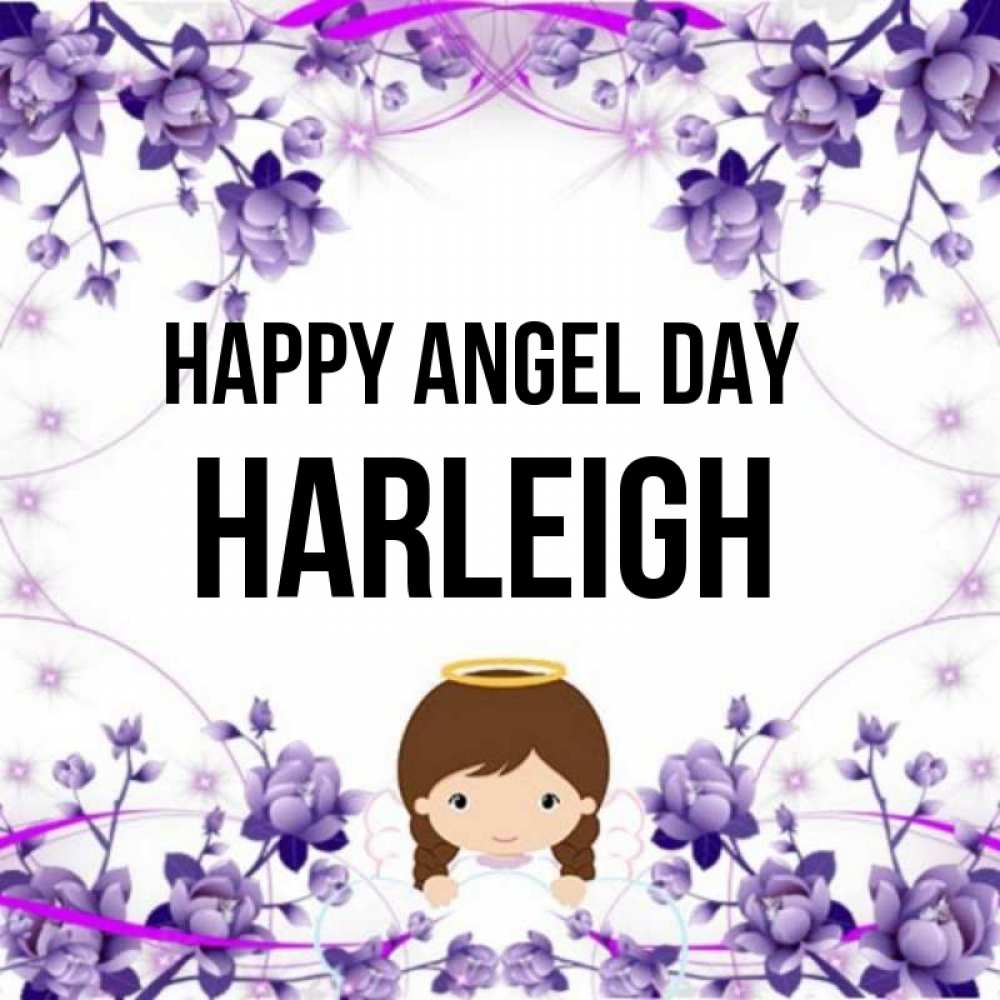 Greetings card с именем, Harleigh happy angel day с именинами в рамочке Greetings with text for free download 