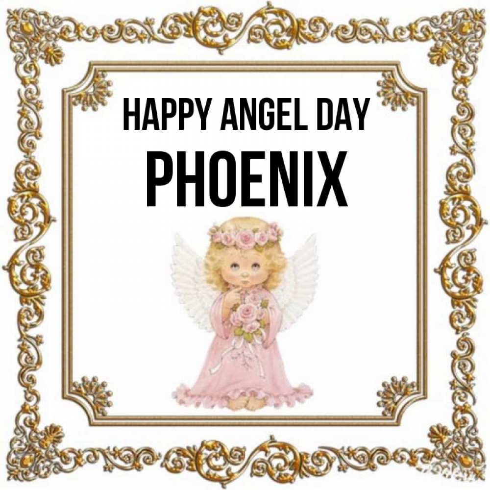 Greetings card с именем, Phoenix happy angel day девочка ангел с крыльями и цветами в розовом платье Greetings with text for free download 