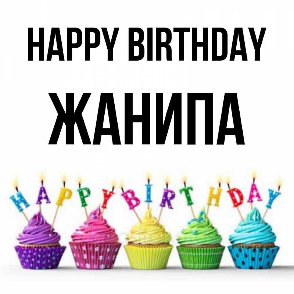 Greetings card с именем, ЖАНИПА Happy Birthday открытка ко дню рождения с разноцветными вкусняшками Greetings with text for free download 