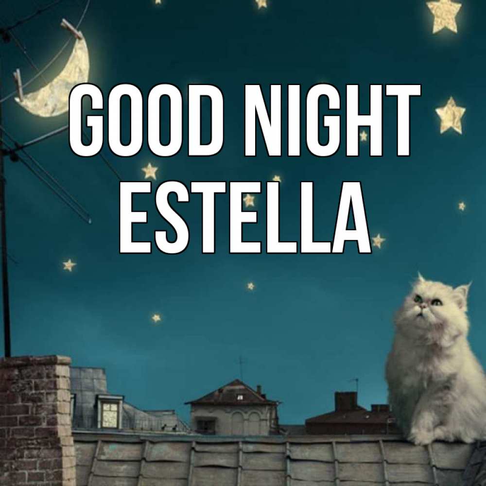 Greetings card с именем, Estella Good night белый кот сидит на крыше Greetings with text for free download 