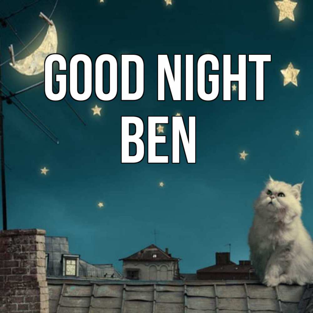 Greetings card с именем, Ben Good night белый кот сидит на крыше Greetings with text for free download 