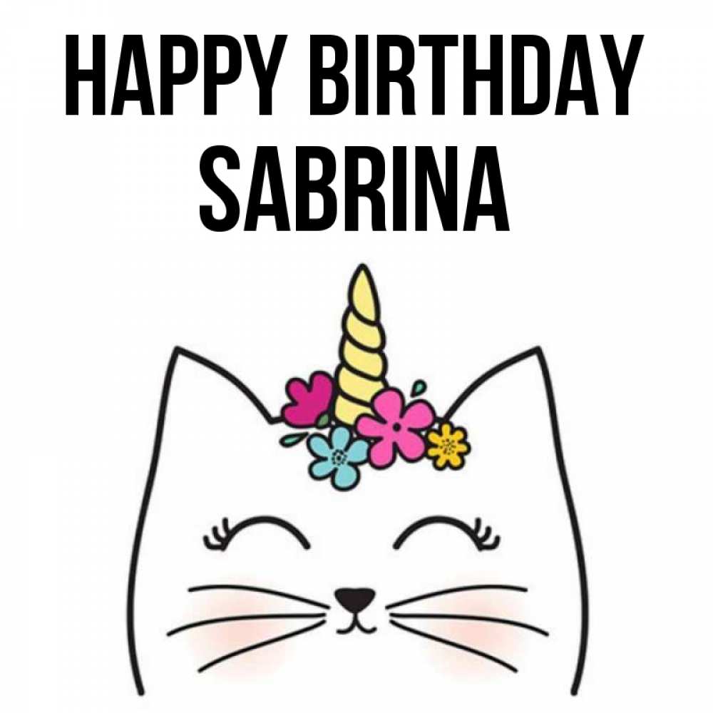 Greetings card с именем, Sabrina Happy Birthday милый кот с одним рожком Greetings with text for free download 