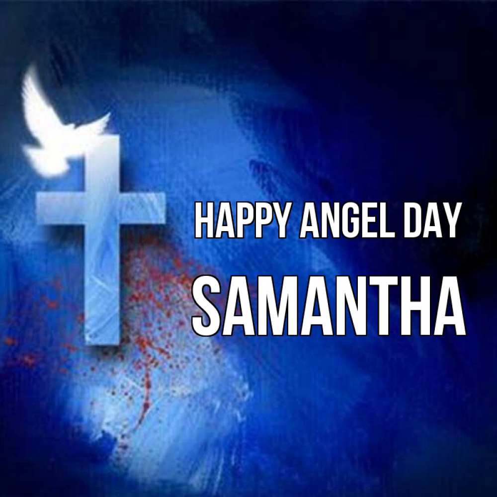 Greetings card с именем, Samantha happy angel day Синий фон и птица Greetings with text for free download 