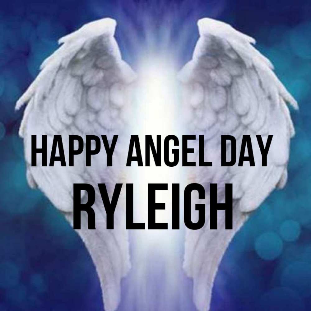 Greetings card с именем, Ryleigh happy angel day синий фон и крылышки Greetings with text for free download 