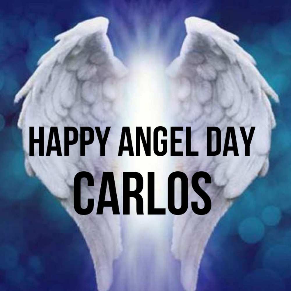 Greetings card с именем, Carlos happy angel day синий фон и крылышки Greetings with text for free download 