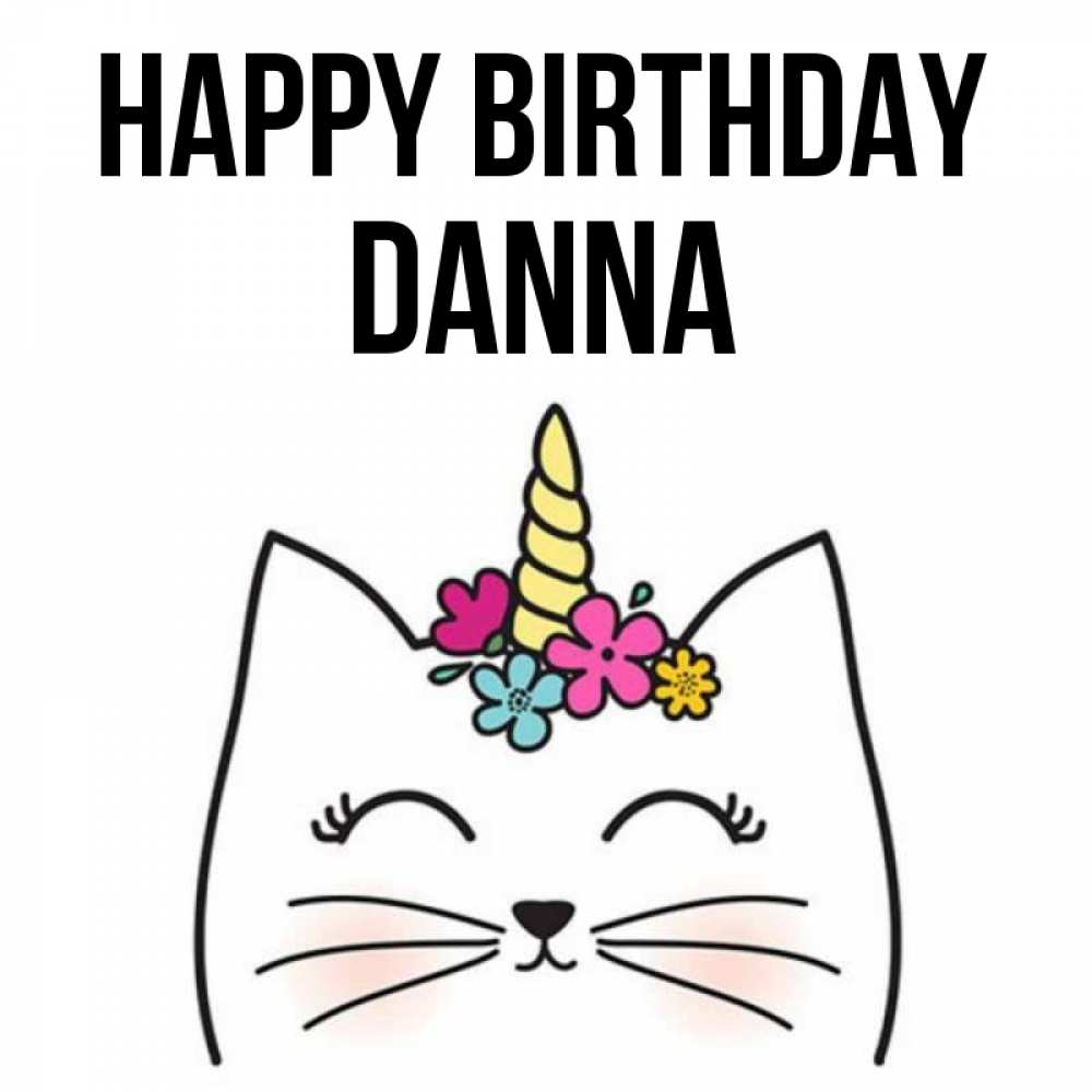 Greetings card с именем, Danna Happy Birthday милый кот с одним рожком Greetings with text for free download 