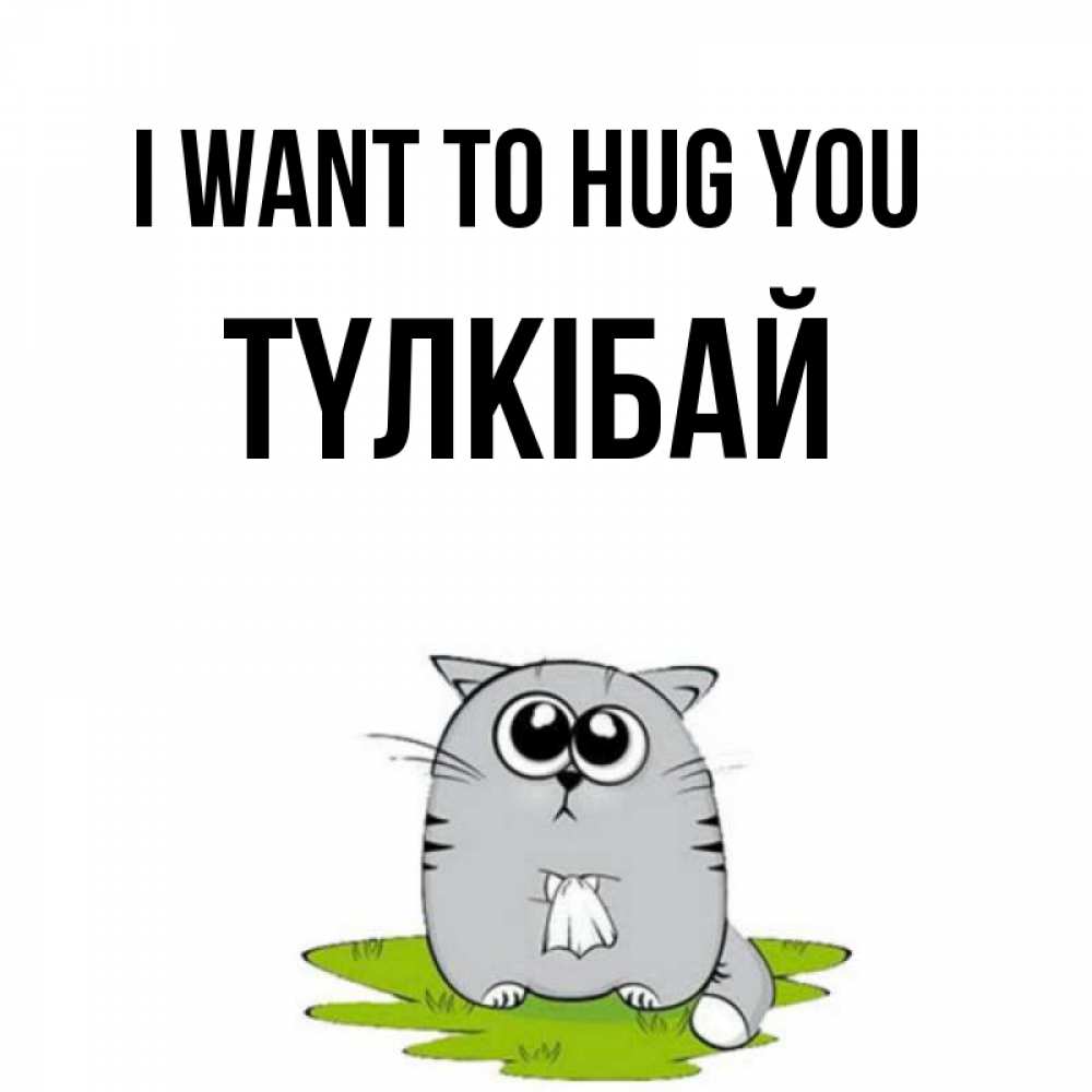 Greetings card с именем, ТҮЛКІБАЙ I want to hug you котик теребит платочек сидя на травке Greetings with text for free download 