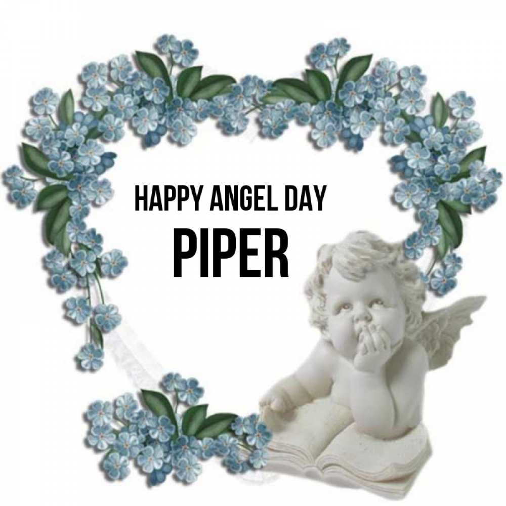 Greetings card с именем, Piper happy angel day голубые цветы и мраморный ангел Greetings with text for free download 