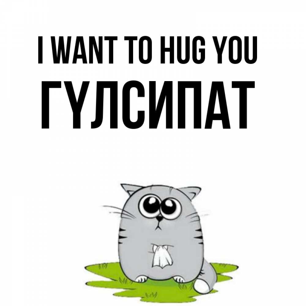 Greetings card с именем, ГҮЛСИПАТ I want to hug you котик теребит платочек сидя на травке Greetings with text for free download 