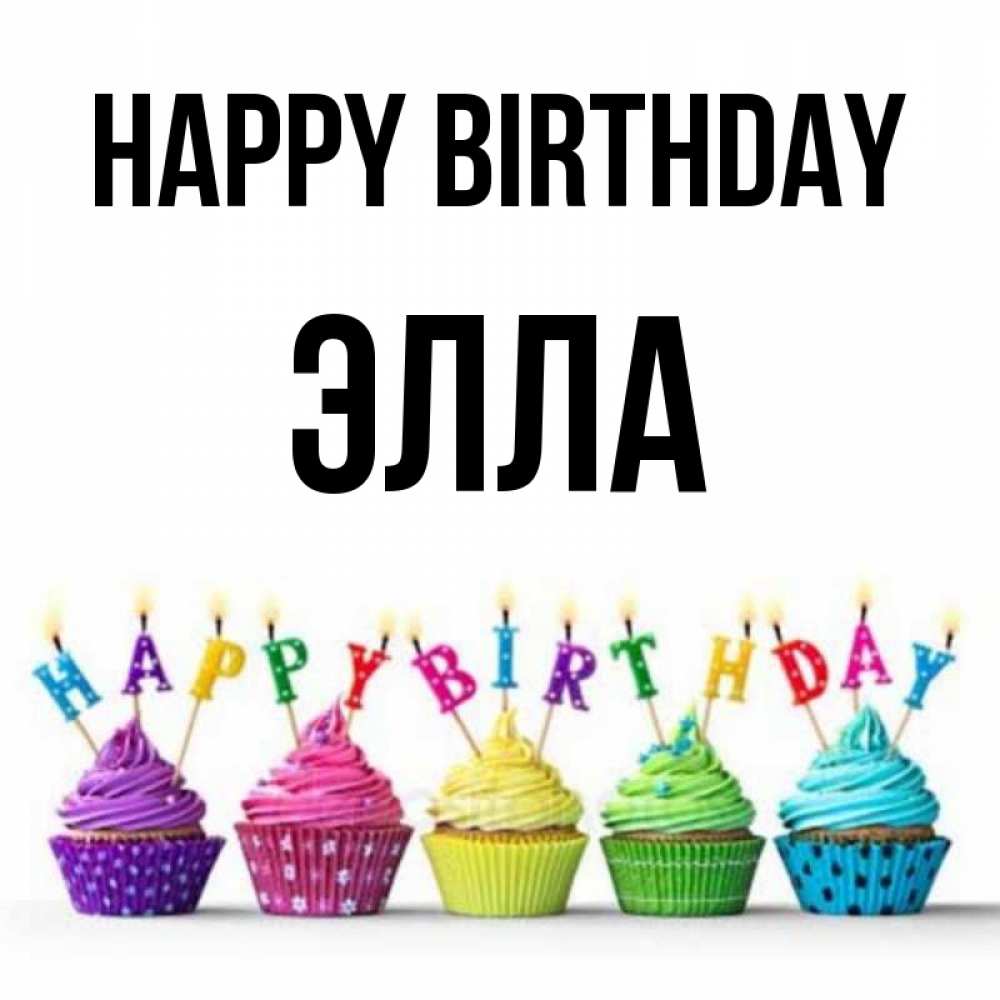 Greetings card с именем, Элла Happy Birthday открытка ко дню рождения с разноцветными вкусняшками Greetings with text for free download 