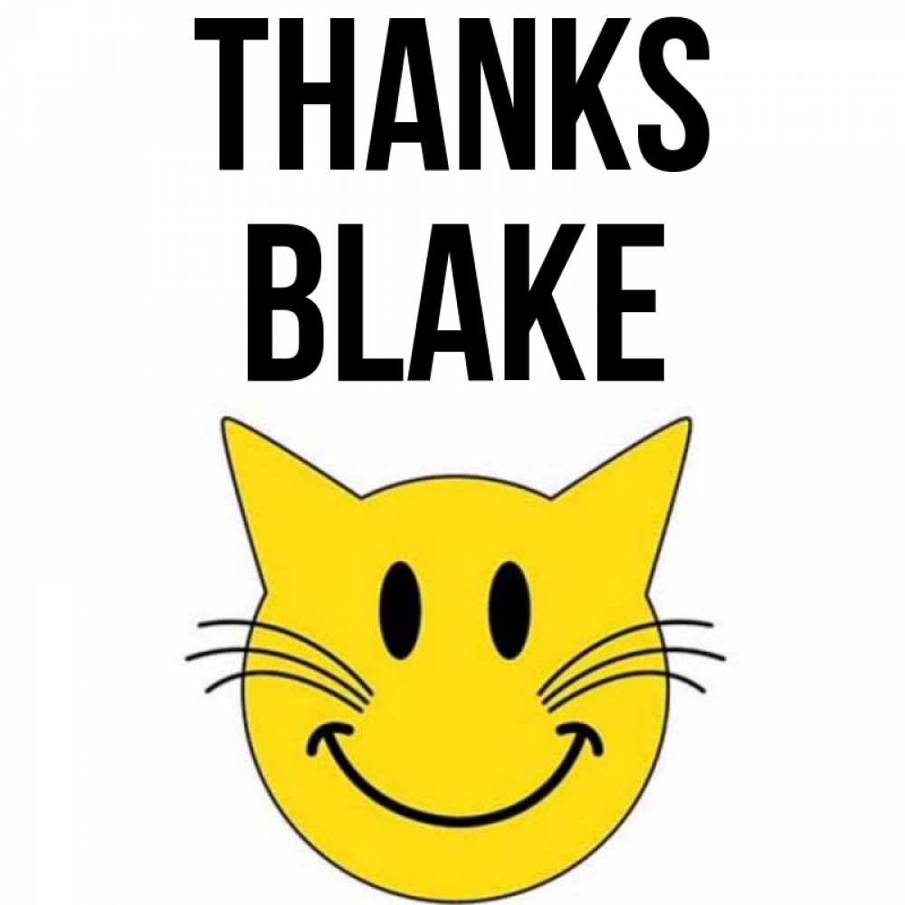 Greetings card с именем, Blake Thanks улыбающийся смайл кот Greetings with text for free download 