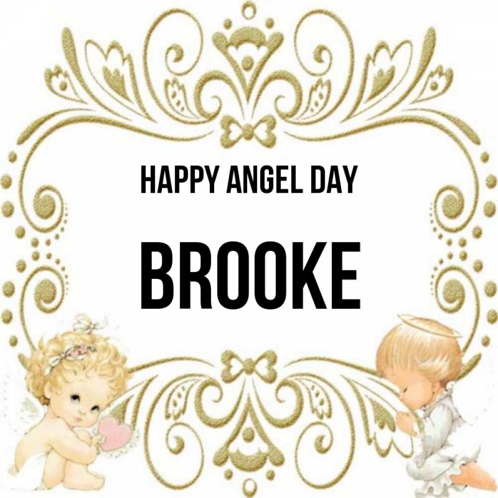 Greetings card с именем, Brooke happy angel day с именинами поздравляют два красивых ангела. Один с сердечком другой молится Greetings with text for free download 