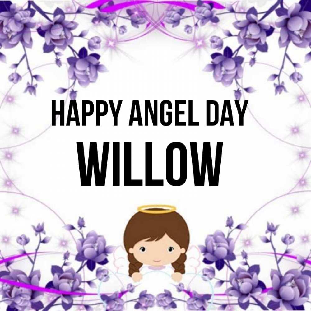 Greetings card с именем, Willow happy angel day с именинами в рамочке Greetings with text for free download 