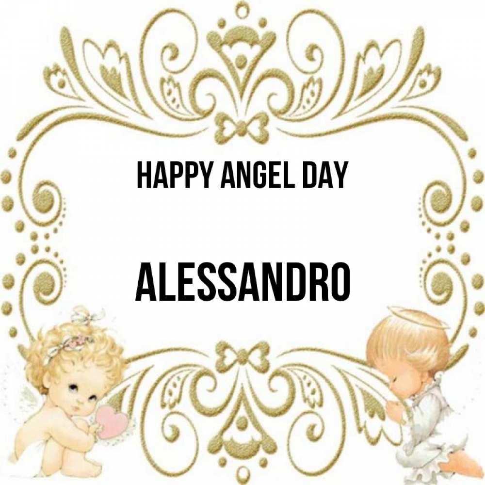 Greetings card с именем, Alessandro happy angel day с именинами поздравляют два красивых ангела. Один с сердечком другой молится Greetings with text for free download 