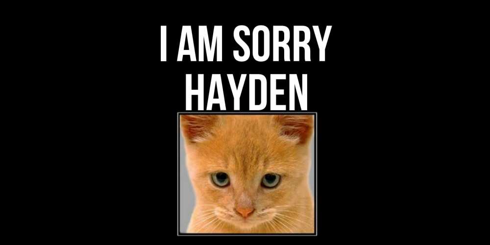Greetings card с именем, Hayden I am sorry рыжий грустный кот просит прощения Greetings with text for free download 