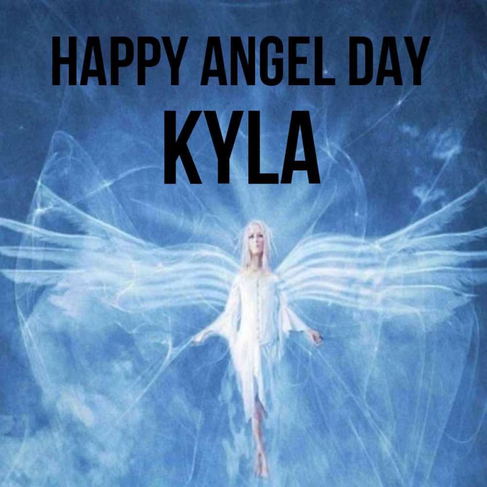 Greetings card с именем, Kyla happy angel day голубой фон и крылья как у стрекозы Greetings with text for free download 