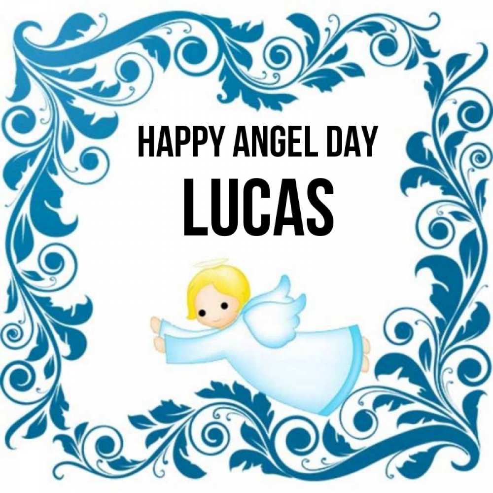 Greetings card с именем, Lucas happy angel day девочка ангел и синяя рамка Greetings with text for free download 