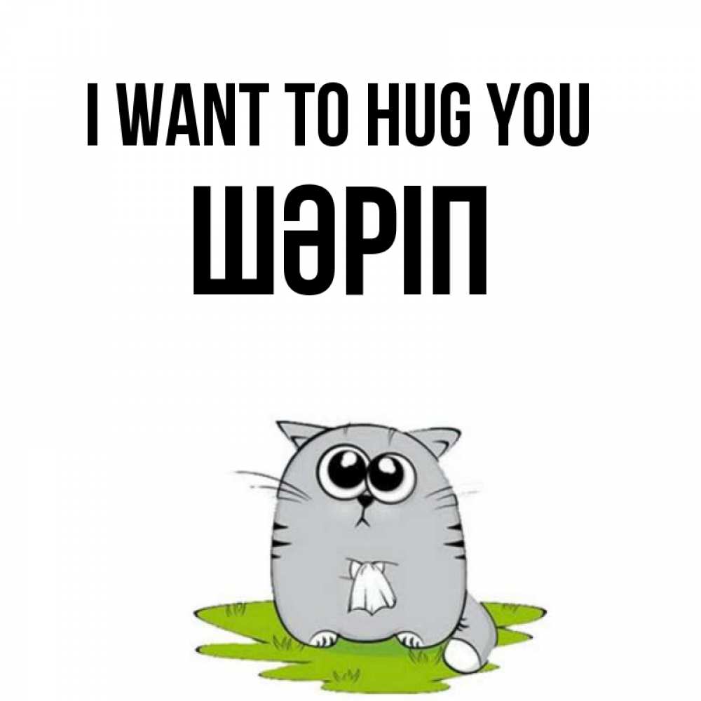 Greetings card с именем, ШӘРІП I want to hug you котик теребит платочек сидя на травке Greetings with text for free download 