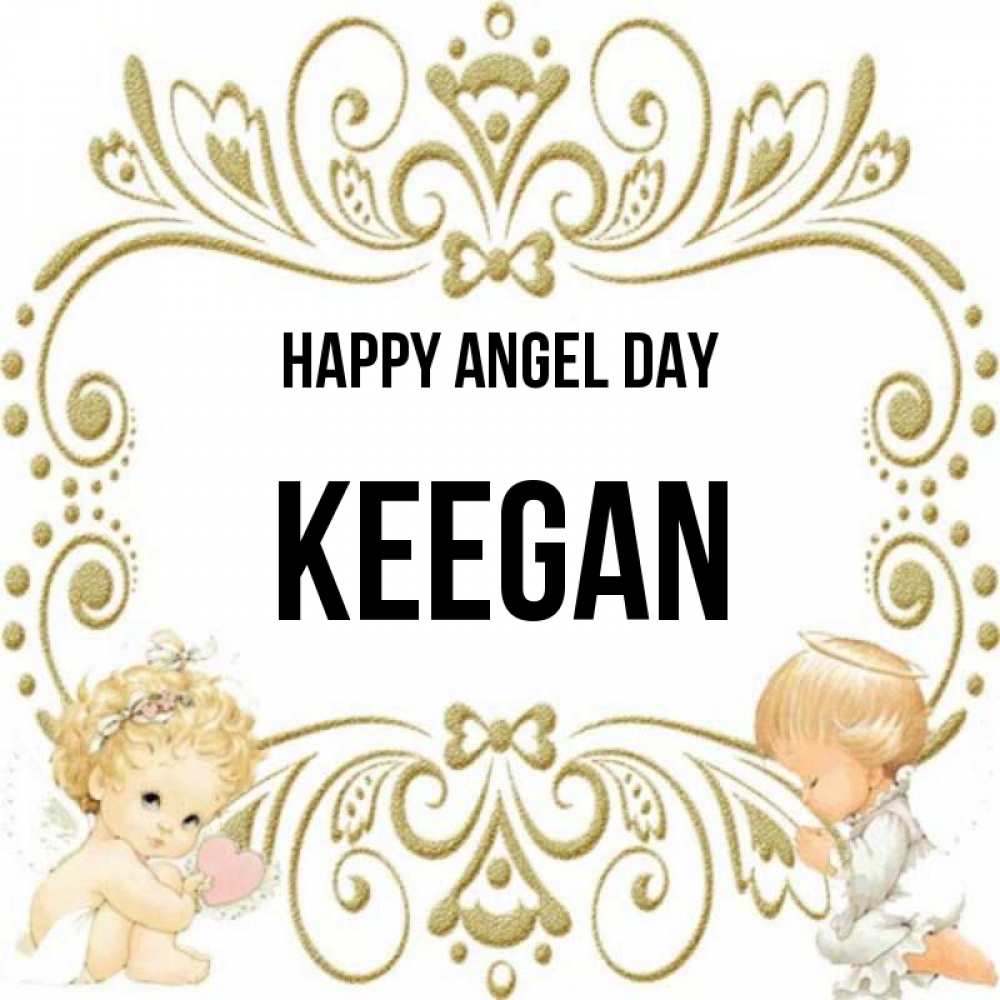 Greetings card с именем, Keegan happy angel day с именинами поздравляют два красивых ангела. Один с сердечком другой молится Greetings with text for free download 