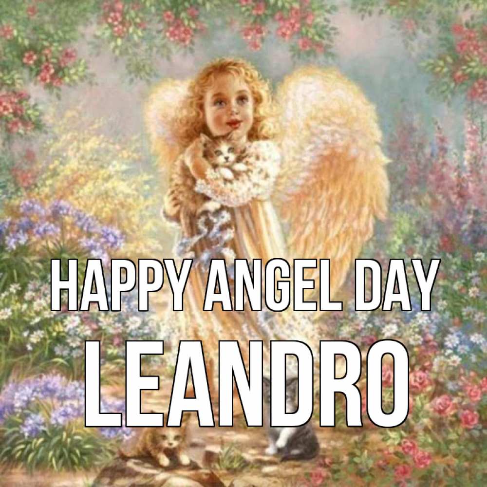 Greetings card с именем, Leandro happy angel day держит котенка Greetings with text for free download 