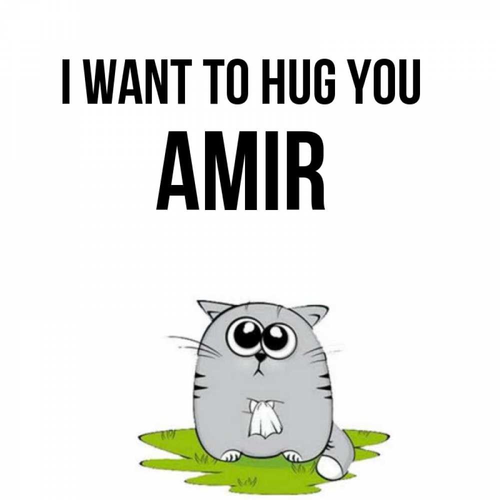 Greetings card с именем, Amir I want to hug you котик теребит платочек сидя на травке Greetings with text for free download 