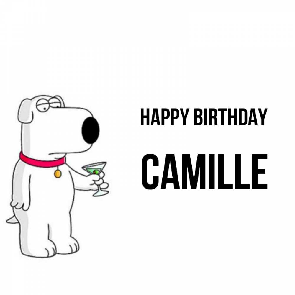 Greetings card с именем, Camille Happy Birthday песик с оливками Greetings with text for free download 