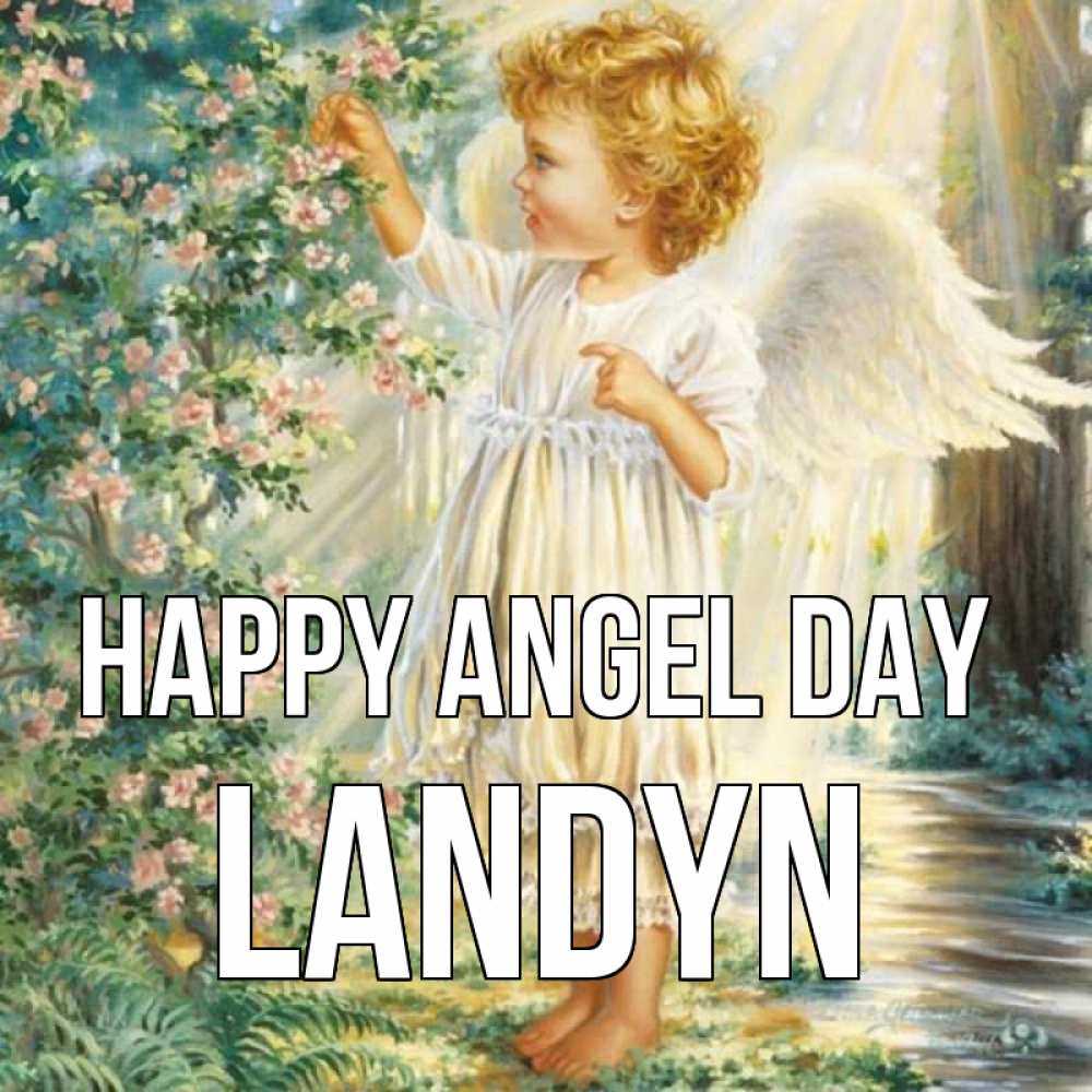 Greetings card с именем, Landyn happy angel day собирает цветы Greetings with text for free download 
