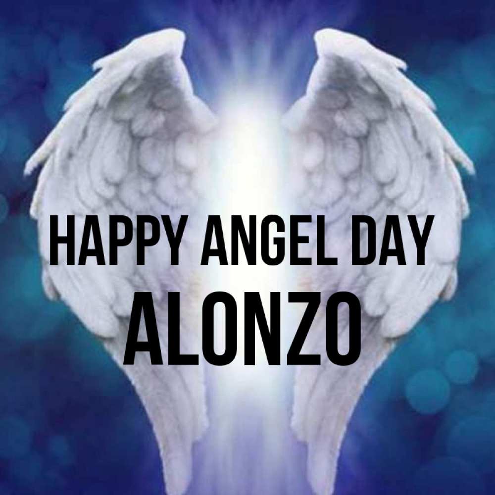 Greetings card с именем, Alonzo happy angel day синий фон и крылышки Greetings with text for free download 