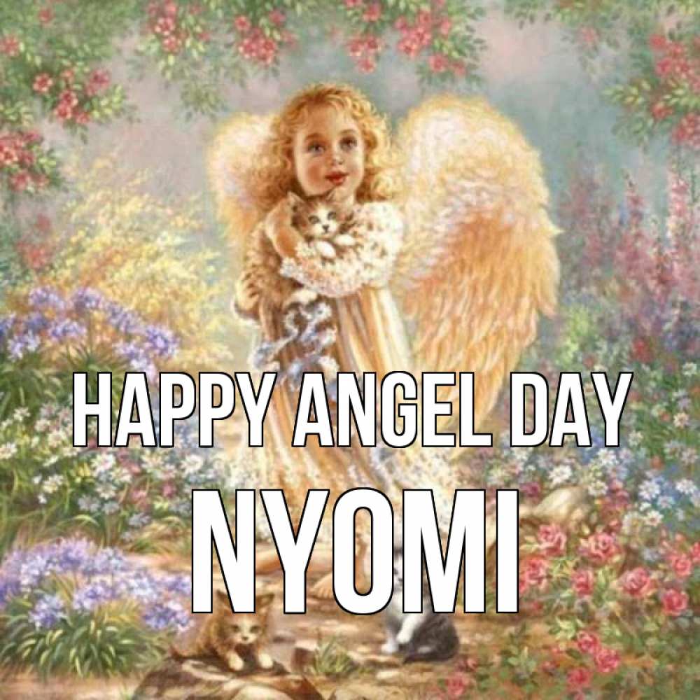 Greetings card с именем, Nyomi happy angel day держит котенка Greetings with text for free download 