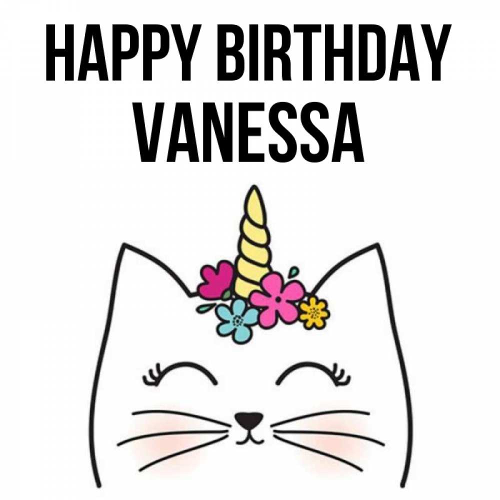Greetings card с именем, Vanessa Happy Birthday милый кот с одним рожком Greetings with text for free download 